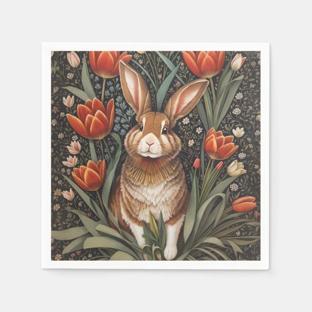 Brown Rabbit Red Tulips William Morris Inspiriert Serviette (Vorderseite)