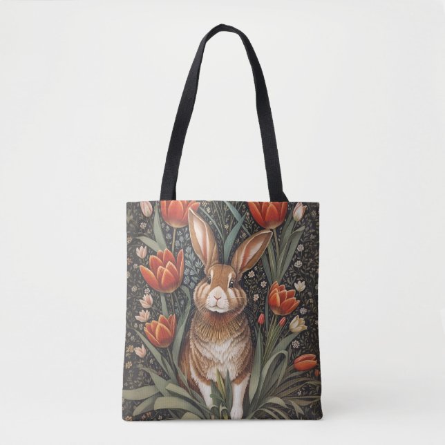 Brown Rabbit Red Tulips William Morris Inspiriert Tasche (Vorderseite)