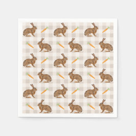 Brown Rabbits And Carrots Rustic Beige Gingham Serviette
