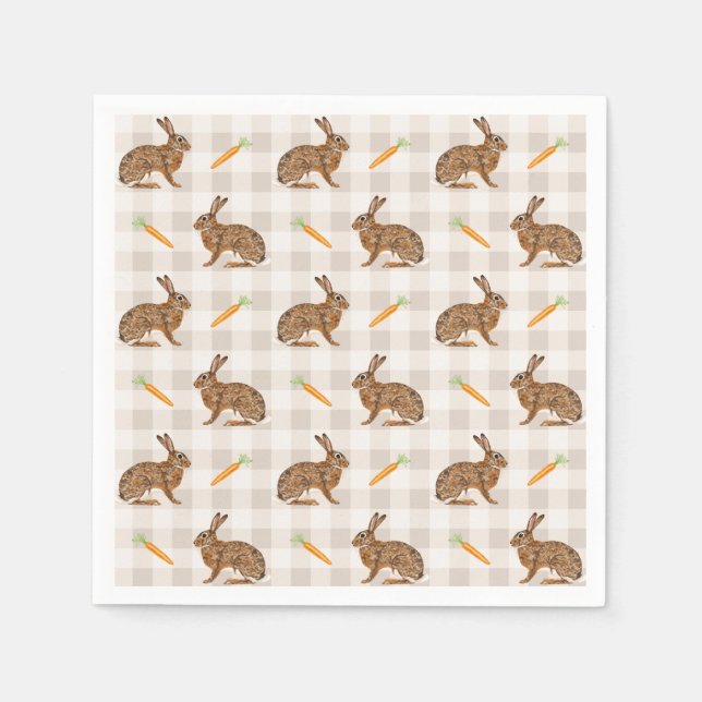 Brown Rabbits And Carrots Rustic Beige Gingham Serviette (Vorderseite)