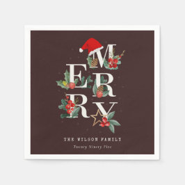 Brown Red Green White Frohe Weihnachtsfoliage Serviette