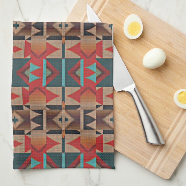 Brown Red Orange Aquamarin Blue Tribal Art Muster Geschirrtuch (Viertel Falte)