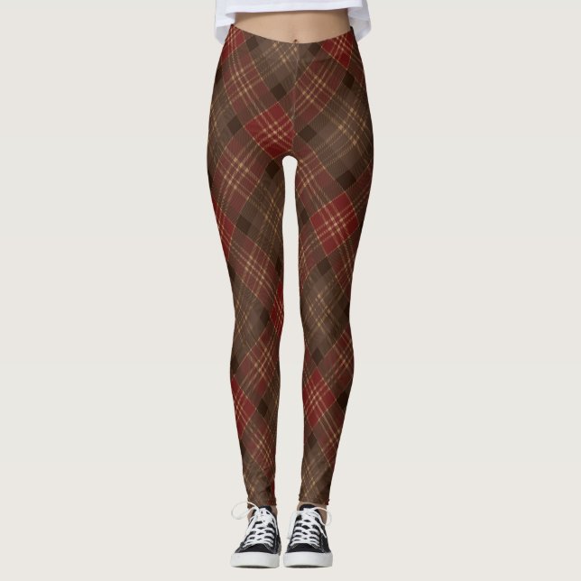 Brown Red Tartan Kariert schottisches Muster Leggings (Vorderseite)
