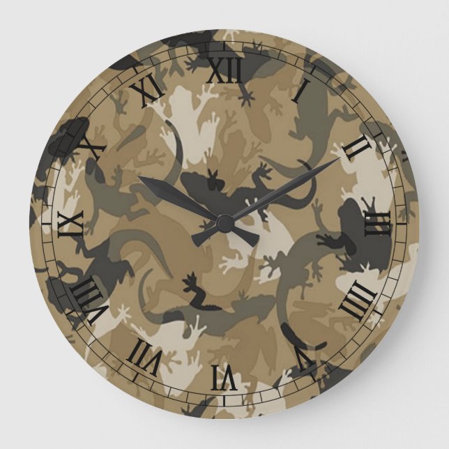 Brown Reptile Camouflage Round Roman Numeral Clock Große Wanduhr (Vorderseite)