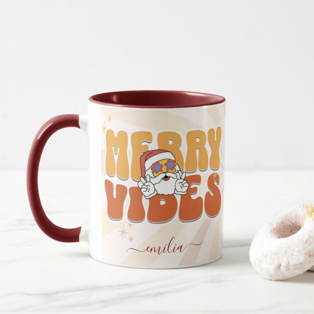 Brown Retro 70er Themed Merry Vibes Individuelle N Tasse (Mit Donut)