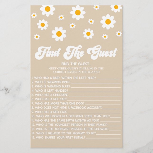 Brown Retro Daisy findet das Guest Baby Showspiel Briefpapier (Vorderseite)