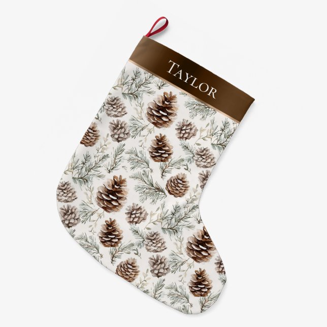 Brown Ribbon Silver Christmas Pine Cones Großer Weihnachtsstrumpf (Vorderansicht (hängend))