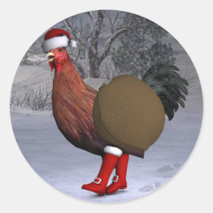 Brown Rooster Santa Claus Runder Aufkleber