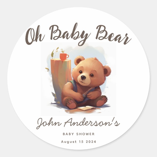 Brown Rustic Cub Bear Baby Dusche Runder Aufkleber (Vorderseite)