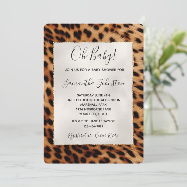 Brown Safari Leopard Animal Baby Dusche Einladung (Stehend Vorderseite)