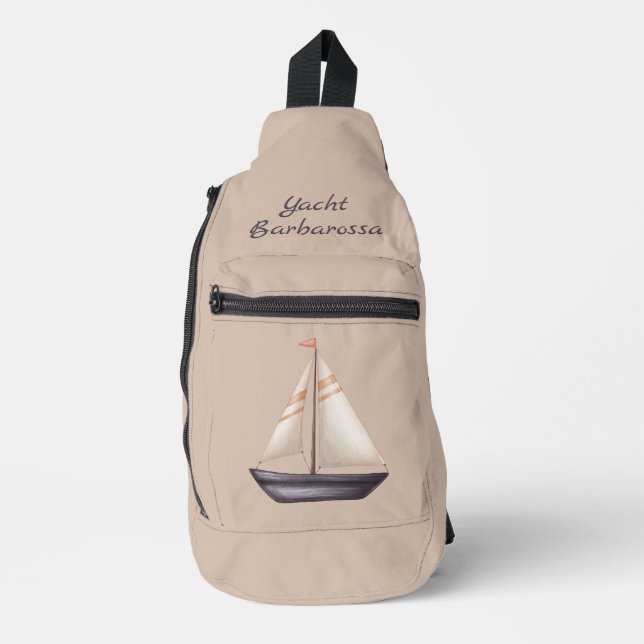 Brown Sailing Boat and Name on Beige Crossbody Bag (Vorderseite)