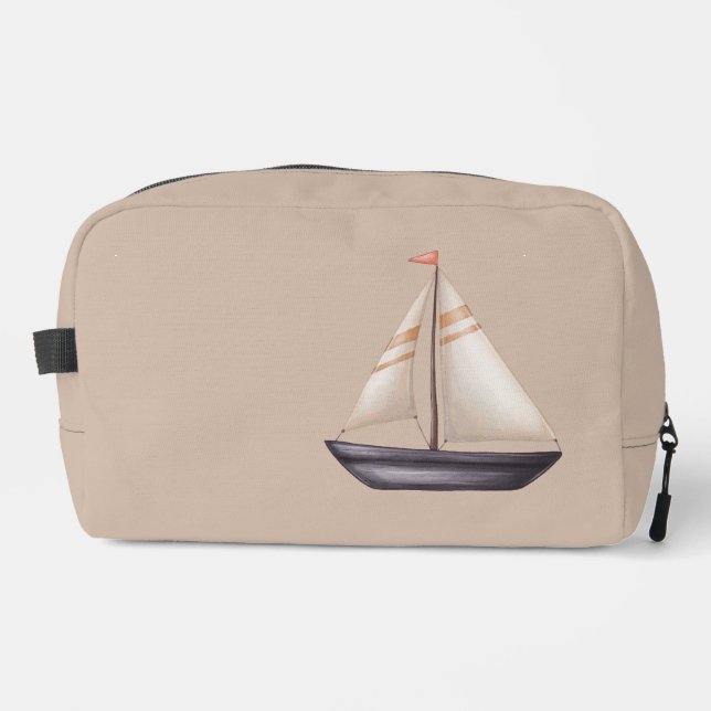 Brown Sailing Boat and Name on Beige Waschbeutel (Vorderseite)