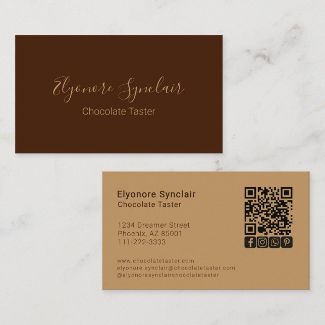Brown Script Social Icon QR Code Chocolate Taster Visitenkarte (Vorne/Hinten)