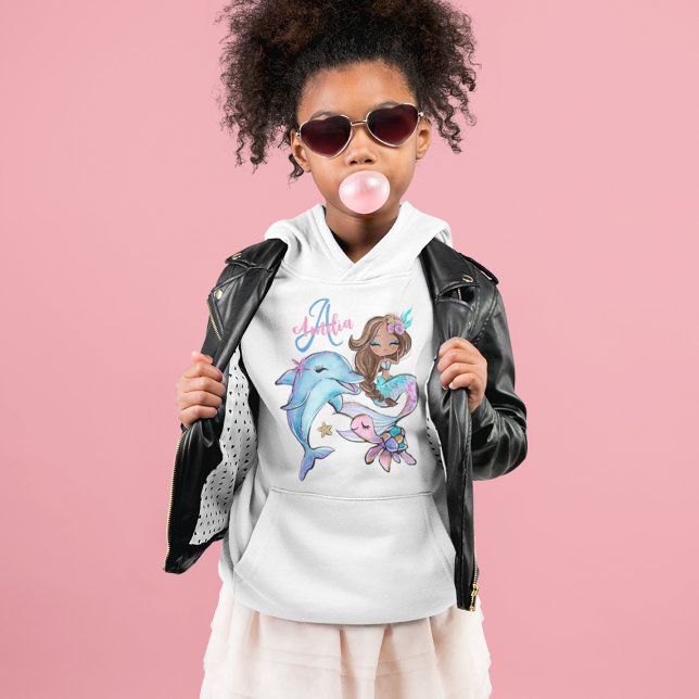 Brown Sirène Personnalisée Enfants Nom Filles rose (Brown Mermaid Custom Kids Name Pink Girls Hoodie
)