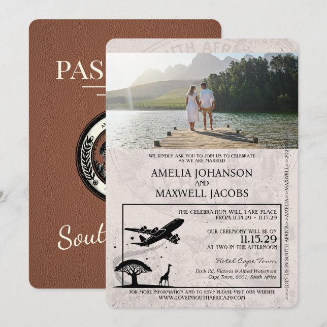 Brown South Africa Passport Wedding Einladung (Vorne/Hinten)