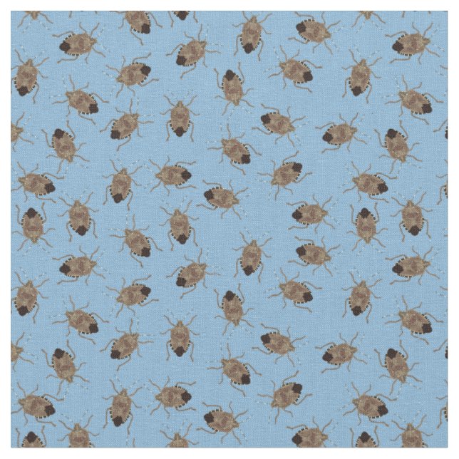Brown Stink Bugs Illustrationen auf Blue Gemustert Stoff (Nahaufnahme)