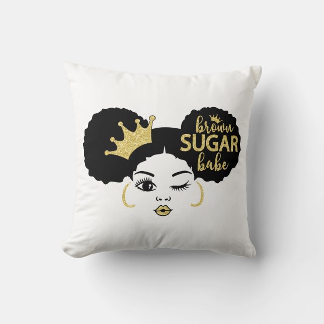 Brown Sugar Babe in Schwarz und Gold Kissen (Vorderseite)