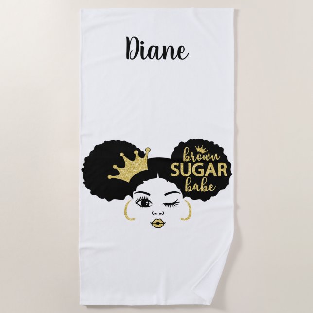 Brown Sugar Babe in Schwarz und Gold Strandtuch (Vorderseite)