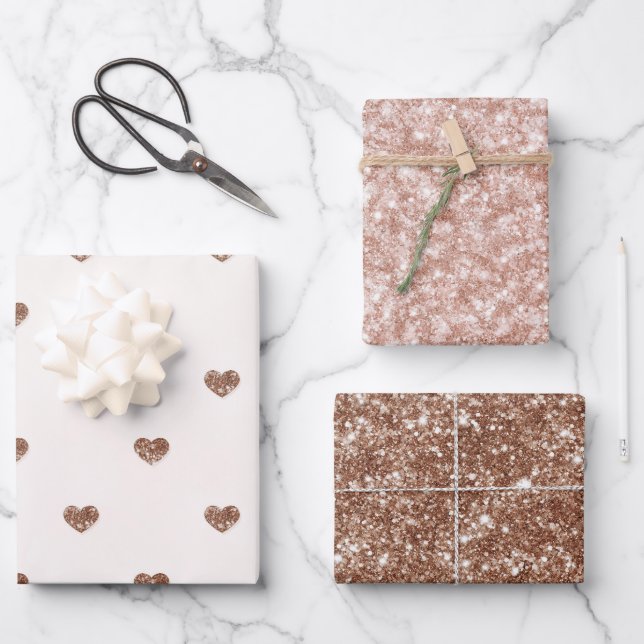 Brown Sugar Pink Glitter Hearts Birthday Geschenkpapier Set (Vorderseite)