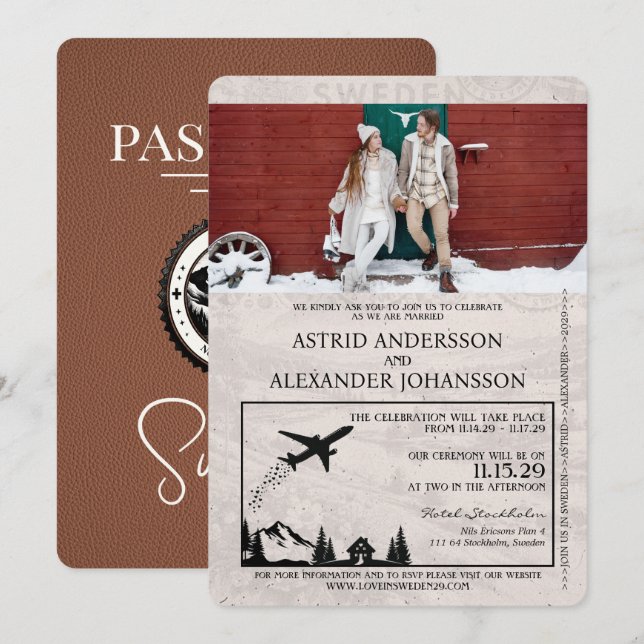 Brown Sweden Passport Wedding Einladung (Vorne/Hinten)