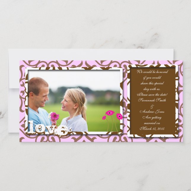 Brown Swirl Damask & Gerbers auf blau Save the Dat Date (Vorderseite)
