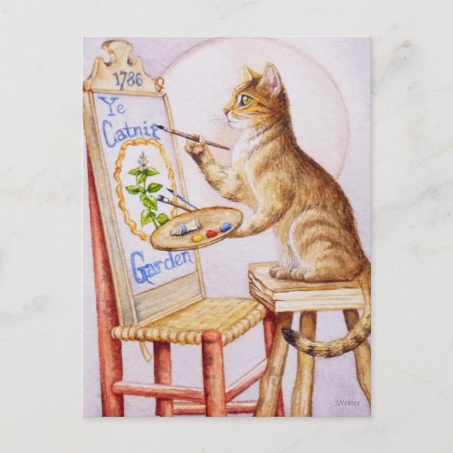 Brown Tabby Artist Cat Malerei Wasserfarben Postkarte (Vorderseite)