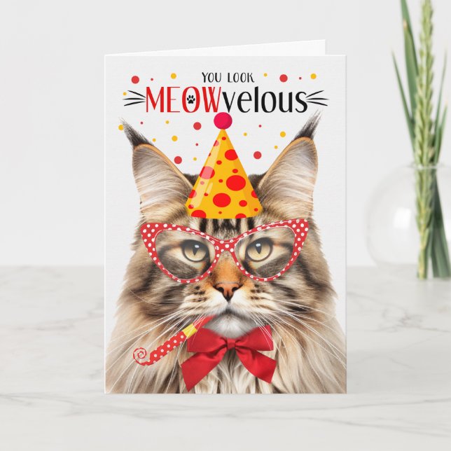 Brown Tabby Maine Coon Cat MEOWvelous Birthday Karte (Vorderseite)