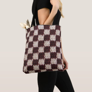 Brown Tan Chessboard Squares Artisan Crochet Print Tasche