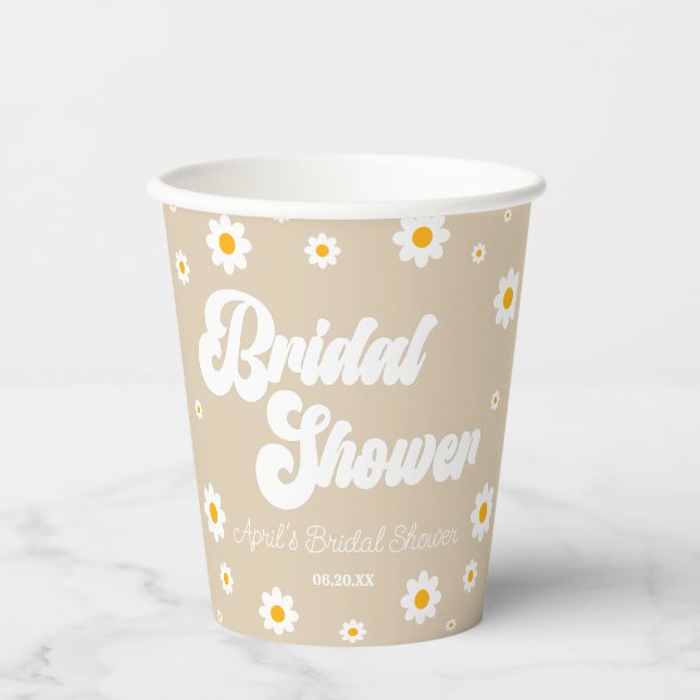 Brown Tan Retro Daisy Blume Brautparty Pappbecher (Vorderseite)