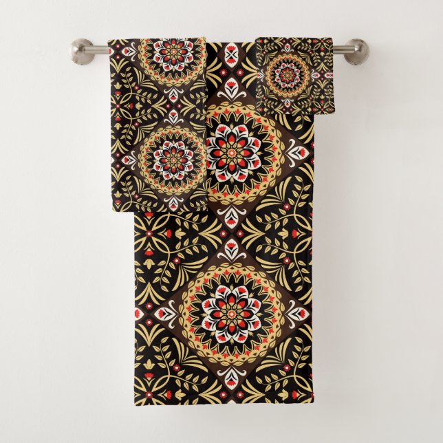Brown TAN und Rost-Volkskunst mit Blumen Badhandtuch Set (Insitu)