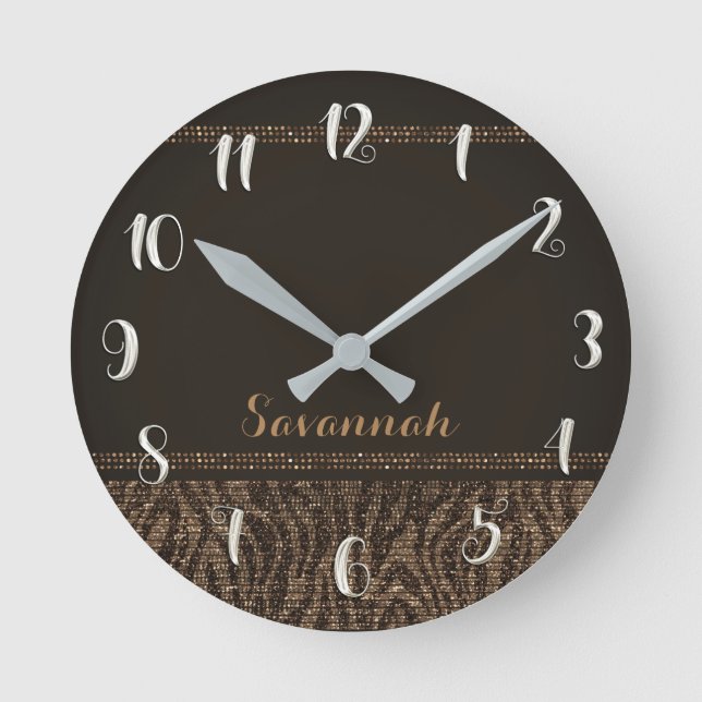 Brown Tan Zebra Print Glam Sequins Glitzer Runde Wanduhr (Vorderseite)