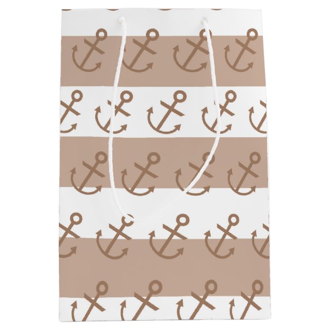 Brown Taupe & White Strip Anchor Party Geschenktas Mittlere Geschenktüte (Vorderseite)