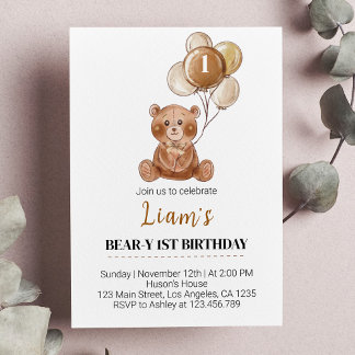 Brown Teddy Bären Ballon Erster Geburtstag Einladu Einladung