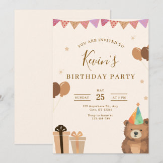 Brown Teddy Bear Birthday Invitation, Cute Neutral Einladung