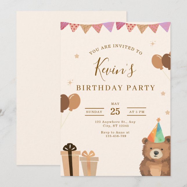 Brown Teddy Bear Birthday Invitation, Cute Neutral Einladung (Vorne/Hinten)