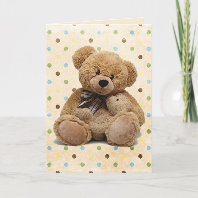 Brown Teddy Bears on Polka Dots New Baby Karte (Vorderseite)