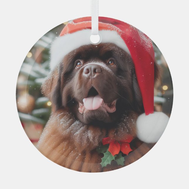 Brown Terre-Neuve Chien Santa Hat Ornement (Recto)