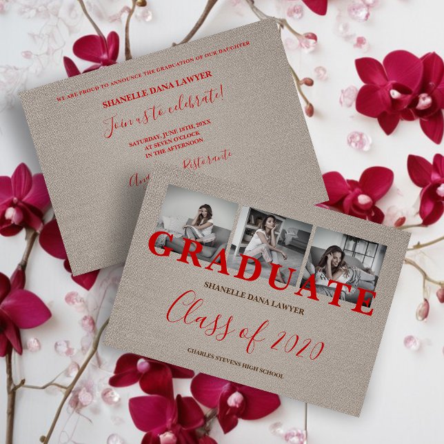 Brown Textil Modern Three Photos Graduation (Rustic Brown & Red Modern 3 Photos Collage Graduation Linen Effect Invitation Card.)