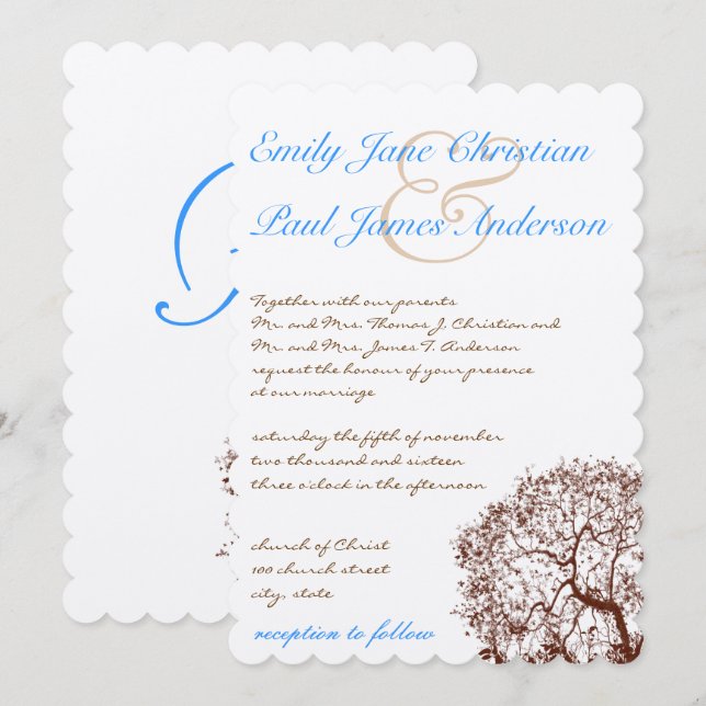 Brown Tree Aqua Blue Schriftart Einladung Hochzeit (Vorne/Hinten)