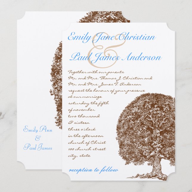 Brown Tree Aqua Blue Schriftart Einladung Hochzeit (Vorne/Hinten)
