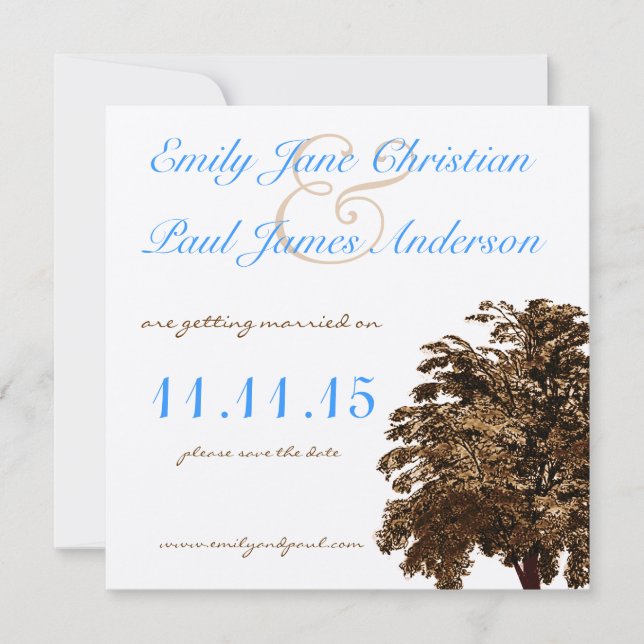 Brown Tree Aqua Blue Schriftart Wedding Save the D Einladung (Vorderseite)