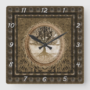 Brown Tree of Life Pattern Quadratische Wanduhr