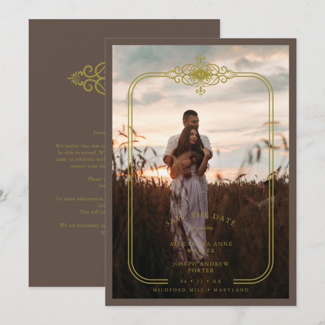 Brown Trendy Lace Flourish Initials Wedding Photo Save The Date (Vorne/Hinten)