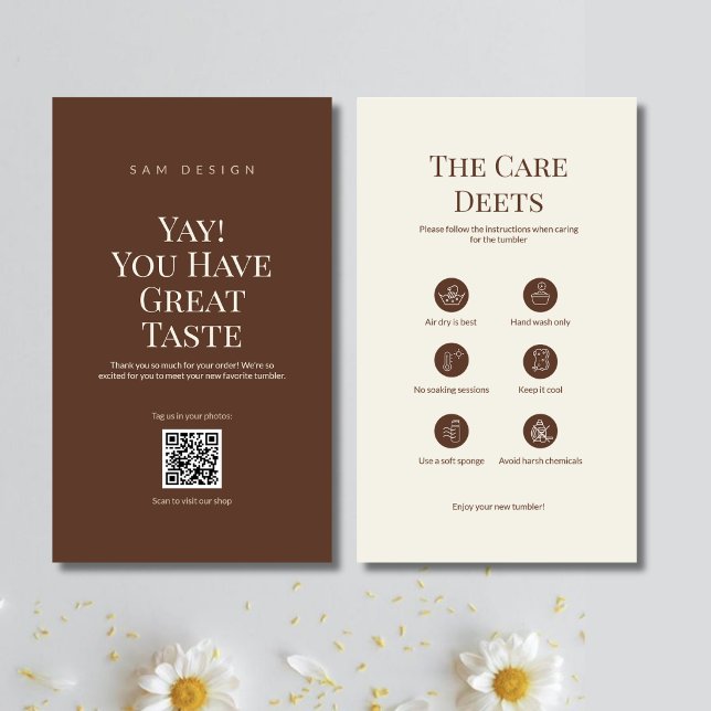 Brown Tumbler Care Card Instruction Insert QR Code Visitenkarte (Von Creator hochgeladen)