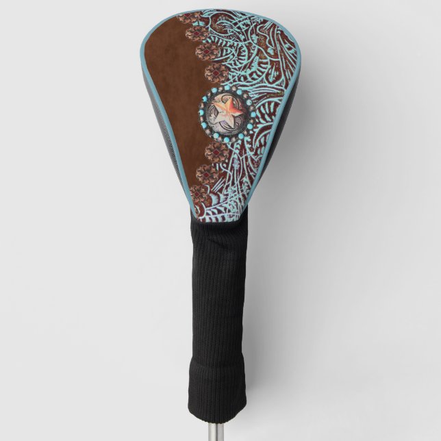 brown turquoise western country leather pattern golf headcover (Vorderseite)
