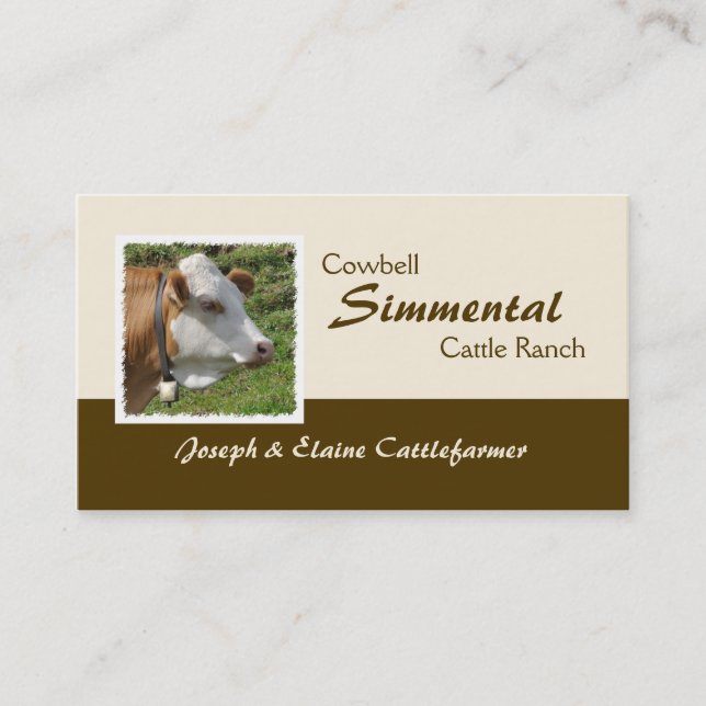 Brown und weiße Simmentalkuh mit Cowbell Visitenkarte (Vorderseite)