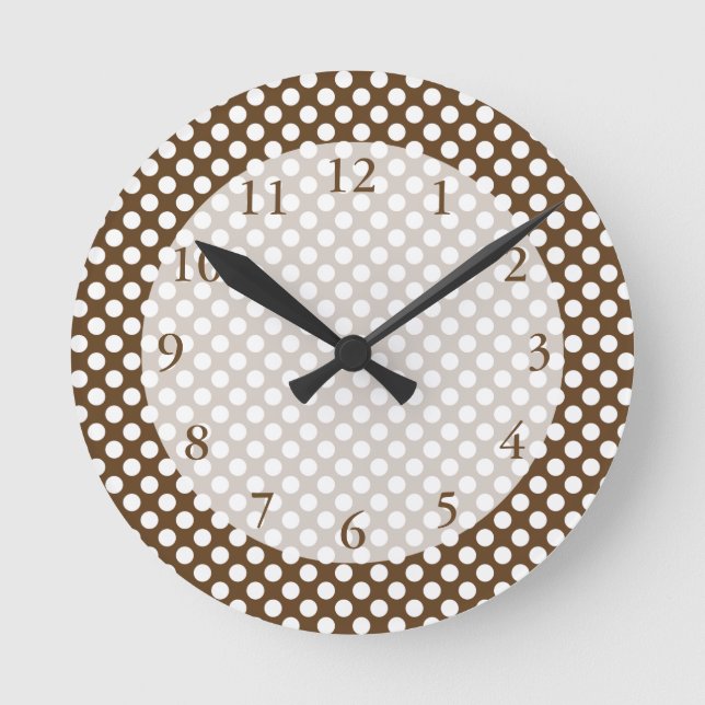 Brown und weißer Tupfen Runde Wanduhr (Vorderseite)