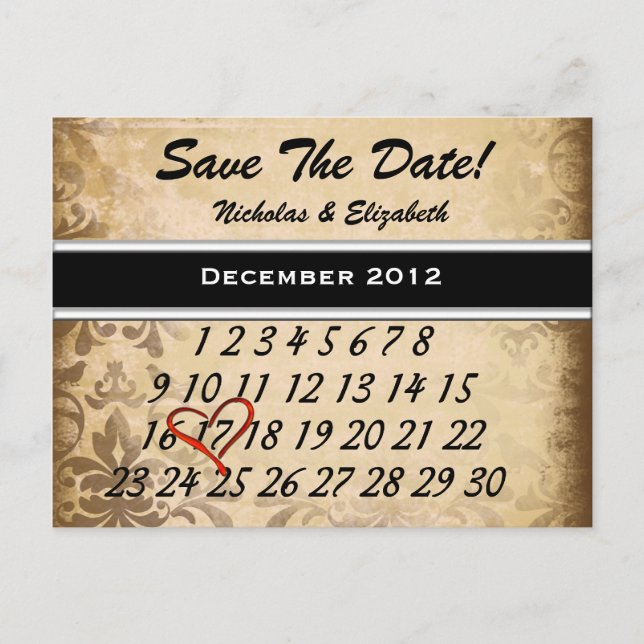 Brown Vintag Damask Save the Date Ankündigungspostkarte (Vorderseite)