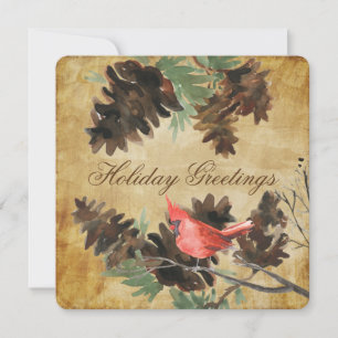Brown w. Carte de vacances Red Cardinal Pine Cones