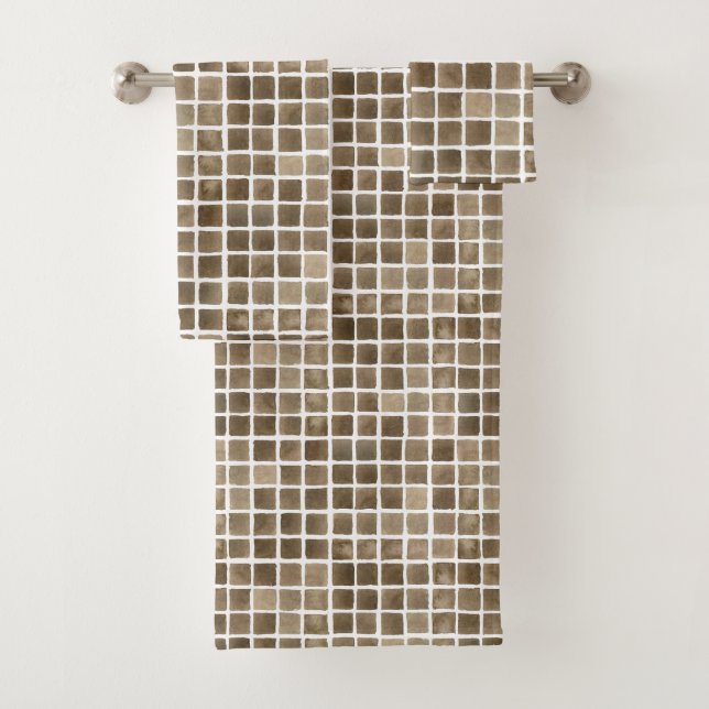 Brown Waterolour Grid Badhandtuch Set (Insitu)